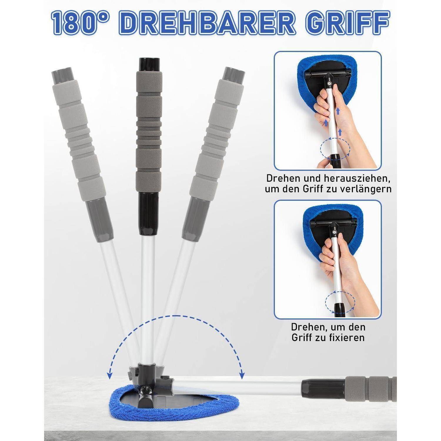 Produktbild eines um 180 Grad drehbaren Griffs mit ausziehbarem Schaft; Detailzeichnungen zeigen das Drehen zum Verlängern und Verriegeln des Griffs.
