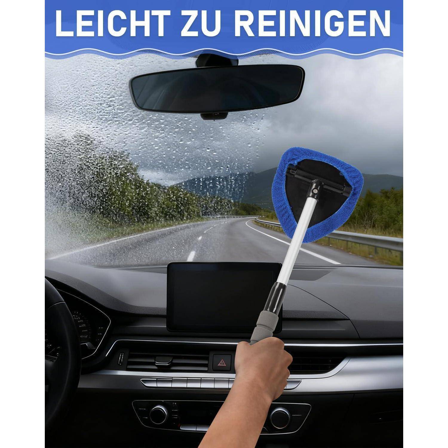 Windschutzscheibe Reinigungsbürste in einem Auto, dargestellt beim Entfernen von Feuchtigkheit oder Schmutz von der Innenseite der Frontscheibe; der Text lautet „LEICHT ZU REINIGEN