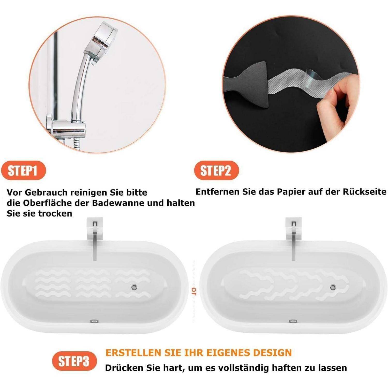 Dreiteiliger Anwendungsleitfaden für Badewannendekals: Reinigen und trocknen Sie die Badewannenoberfläche, ziehen Sie das Trägerpapier ab, und drücken Sie dann fest, um das Design anzubringen.