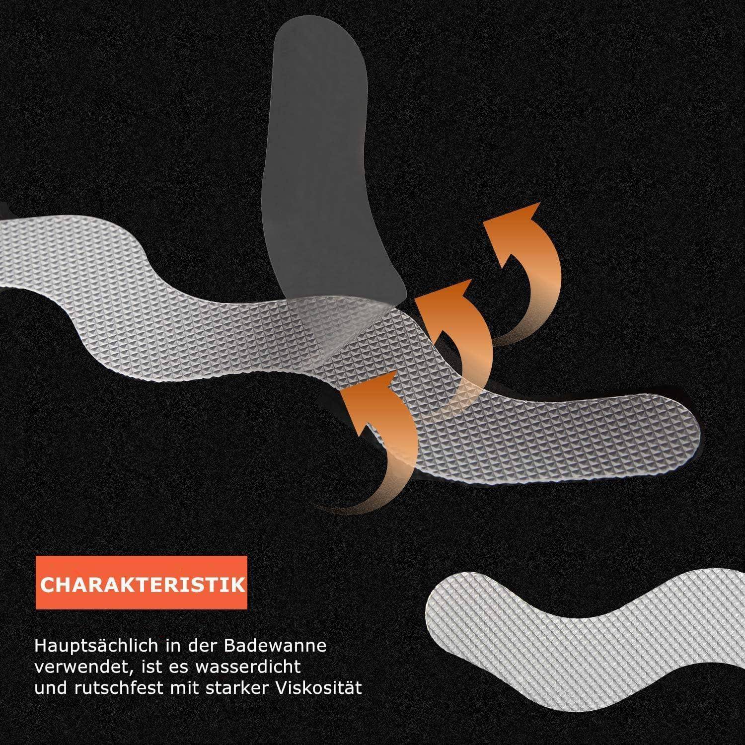 Illustration einer strukturierten Badmatte oder eines Streifens mit gekrümmten Pfeilen, die Flexibilität und Griffigkeit zeigen; deutscher Text besagt, dass es hauptsächlich in Badewannen verwendet wird, wasserfest, rutschfest und hochviskos ist.