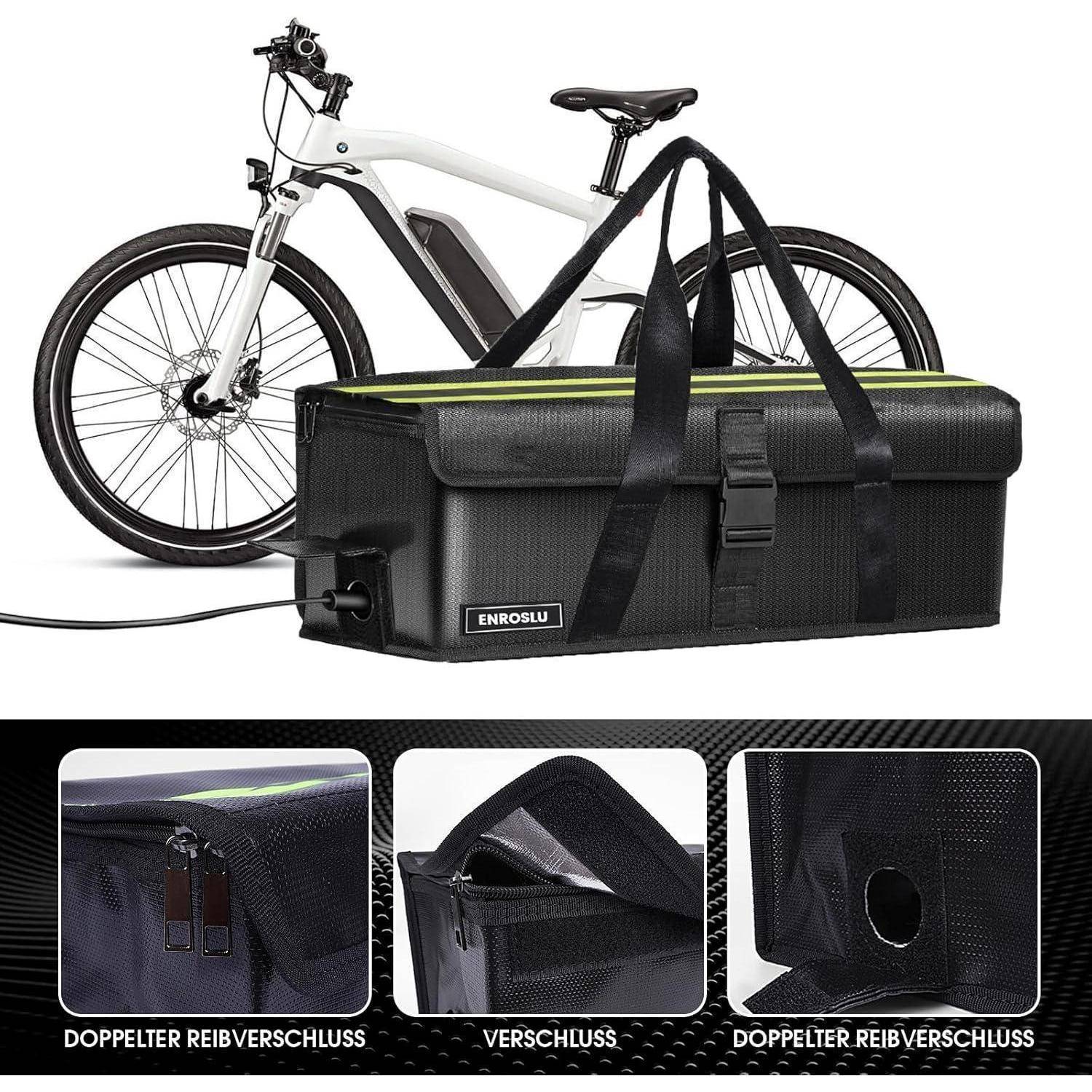 Schwarze isolierte Fahrrad-Ladetasche mit Schultergurten, gezeigt montiert auf einem Fahrrad, plus Nahaufnahmen von Reißverschlüssen und Verschlussdetails.