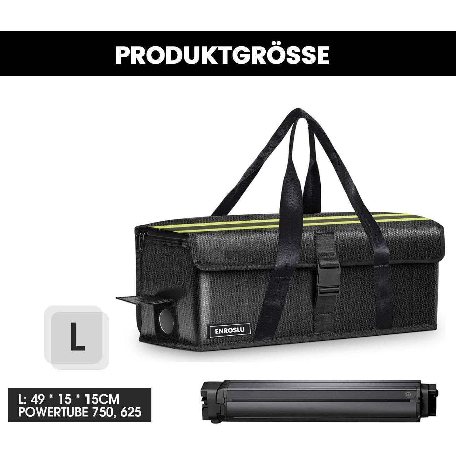 Produktgrößendiagramm für eine schwarze Transporttasche mit der Bezeichnung L, mit den Abmessungen 49 x 15 x 15 cm und kompatibel mit PowerTube 750, 625 Batterie