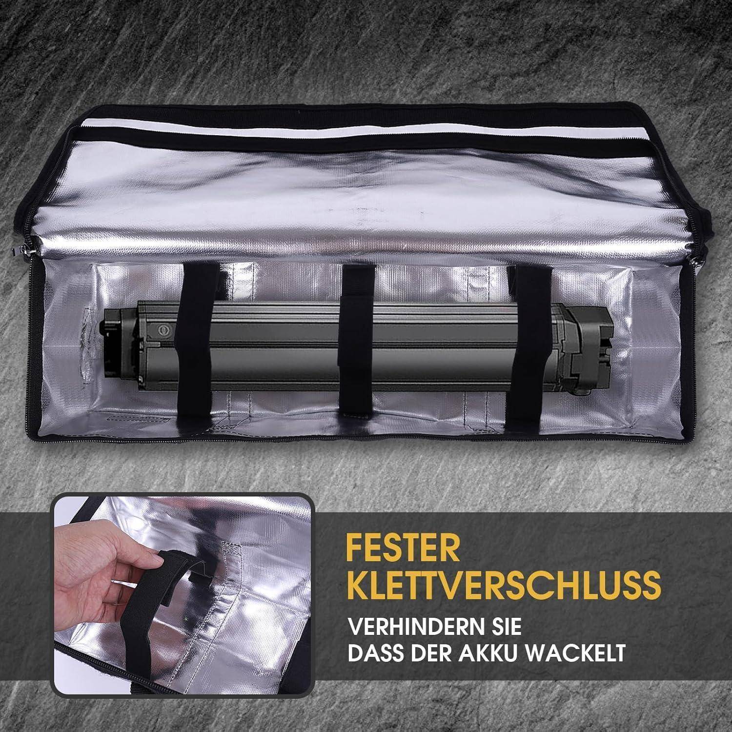 Silberner Tragekoffer mit Riemen, die ein langes Akkupack halten, plus eingefügte Nahaufnahme und deutscher Text: 'FESTER KLETTVERSCHLUSS' und 'VERHINDERN SIE DASS DER AKKU WACKELT'.
