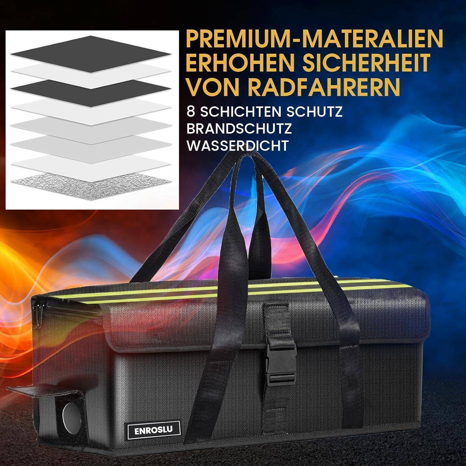 Isolierte Fahrradsattel-Tasche mit Riemen und Schnalle, dargestellt mit Schichtdiagramm; deutscher Text besagt, dass Premium-Materialien die Sicherheit des Fahrers erhöhen, 8-schichtige Schutzpolsterung, feuerbeständig und wasserdicht.