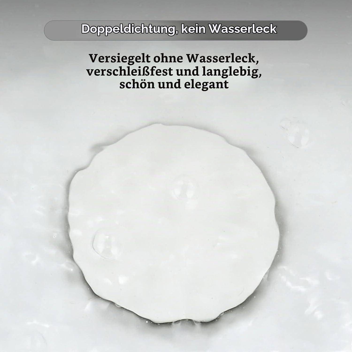 Weiße kreisförmige Dichtung auf einer Oberfläche mit Wasser herum, beschriftet auf Deutsch 'Doppeldichtung, kein Wasserleck' und 'Versiegelt ohne Wasserleck, verschleißfest und langlebig, schön und elegant'.