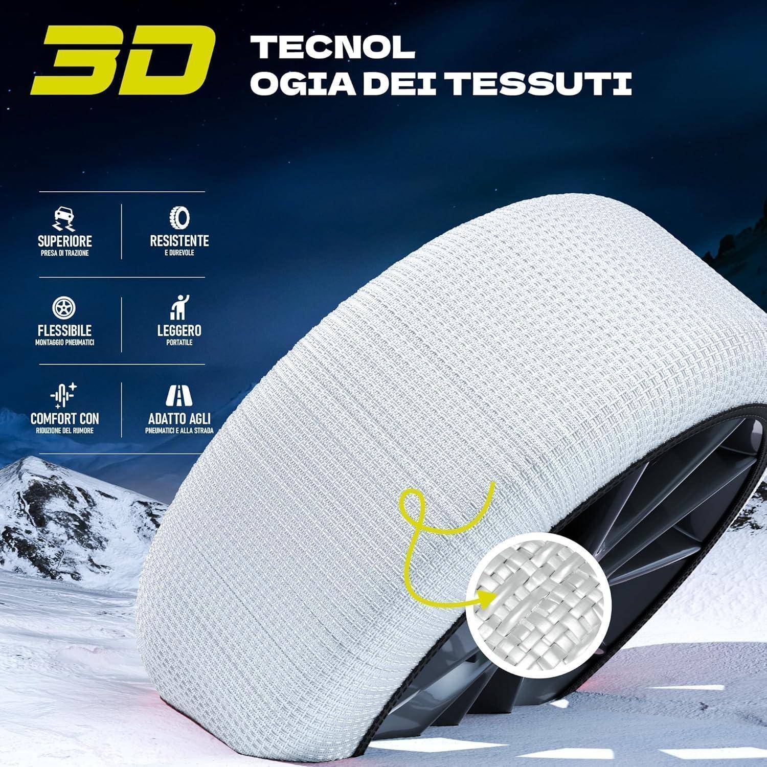 Werbung für '3D' technisches Gewebe zeigt eine weiße strukturierte Reifenverpackung auf einem Fahrzeugrad mit Angaben zur Langlebigkeit, Flexibilität, Leichtigkeit und zum Komfort.