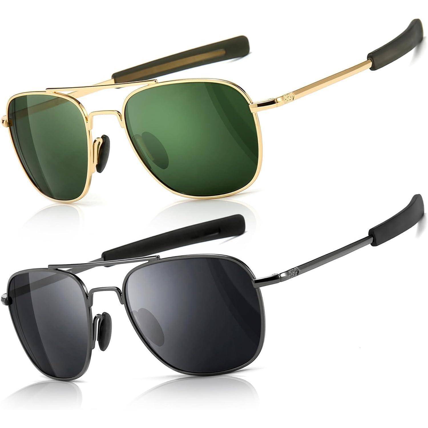 Zwei Paar Aviator-Sonnenbrillen auf weißem Hintergrund: Goldrahmen mit grünen Gläsern oben, schwarze Rahmen mit dunklen Gläsern unten.