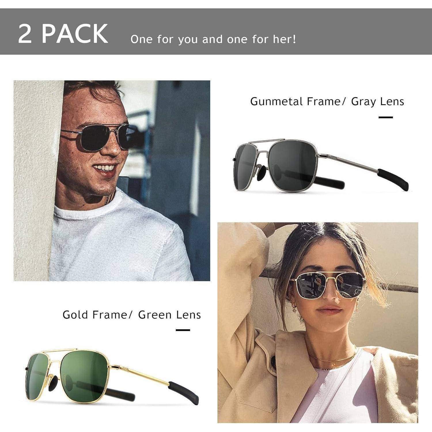 Werbebild für ein 2er-Pack Pilotensonnenbrille mit goldenem Rahmen/grünem Glas und graumetallischem Rahmen/grauem Glas, modelliert von männlichen und weiblichen Models.