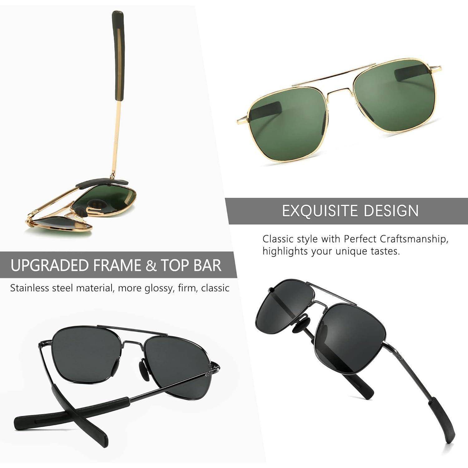 Promotives Collage von Pilotensonnenbrille in Gold und Schwarz, die das verbesserte Gestell und die obere Leiste sowie das erlesene Design hervorheben.