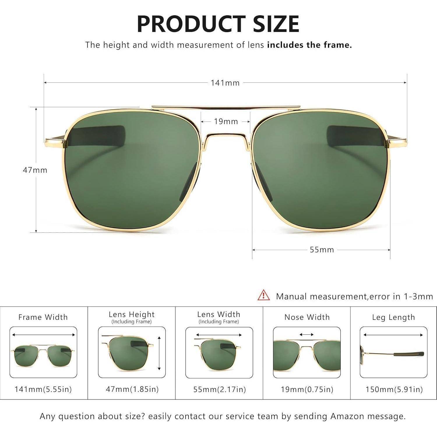 Größentabelle für Sonnenbrille mit grünen Gläsern und goldfarbenem Rahmen mit Maßangaben: 141mm Rahmenbreite, 47mm Glashöhe, 55mm Glasbreite, 19mm Nasenstegbreite und 150mm Bügellänge.