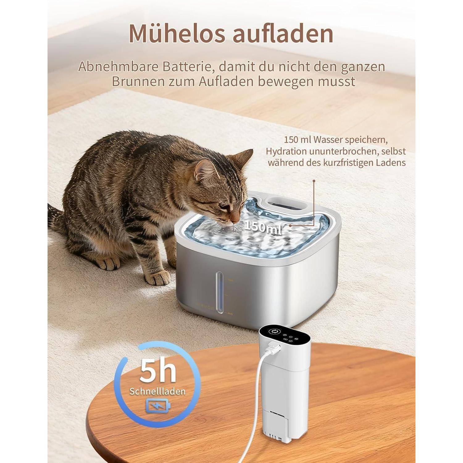Katze trinkt aus einem batteriebetriebenen Wasserbrunnen; deutscher Text hebt einfaches Laden, austauschbaren Akku, 150 ml Wasserspeicher und 5-Stunden-Schnellladevorgang hervor.