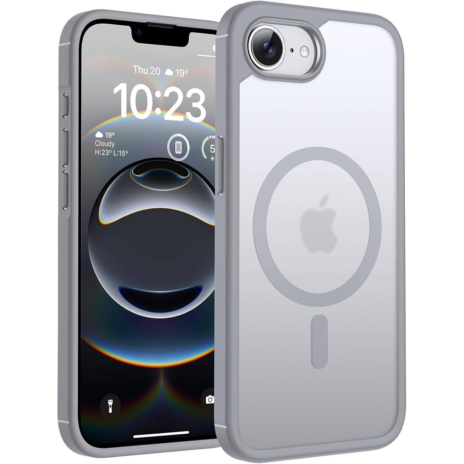 Grau-farbiges iPhone von vorne und hinten gezeigt, mit transparentem MagSafe-ähnlichem Gehäuse und erhöhtem Kamereschutz.