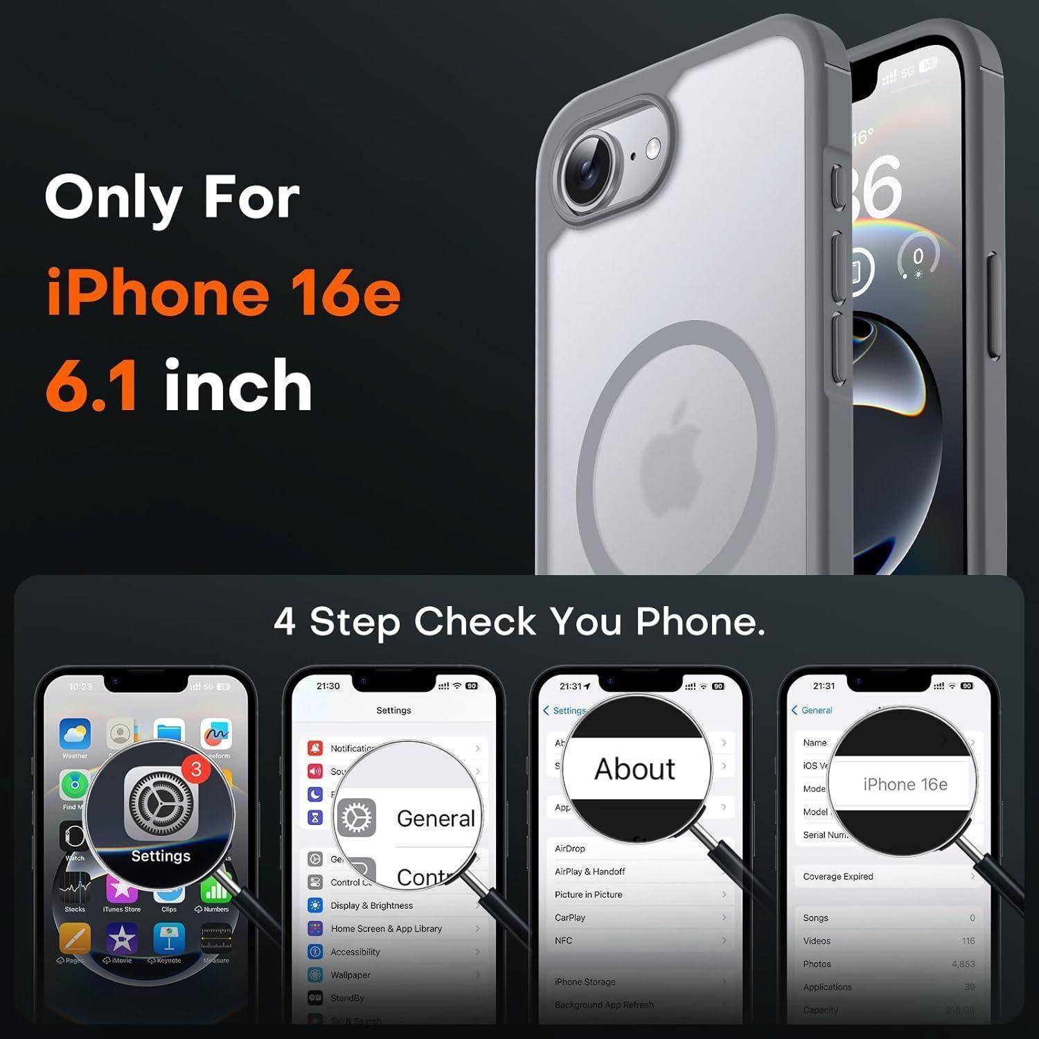Schutzhülle für iPhone 16e, 6,1 Zoll, mit Grafik der Hülle und des Telefons, plus vier Einrichtungs-Kontrollschritte auf iPhone-Screenshots: Einstellungen, Allgemein, Über, iPhone 16e.