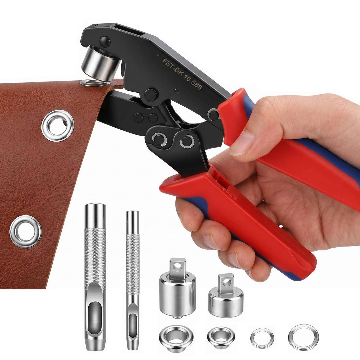 Ösenzange Set mit 500 Rostfreien Ösen (250pcs Ø 6mm & 250pcs Ø 10mm) Magnetische Ösenpresse, Ratsche Ösenstanze mit Wechselbarem Stanzkopf, Öse