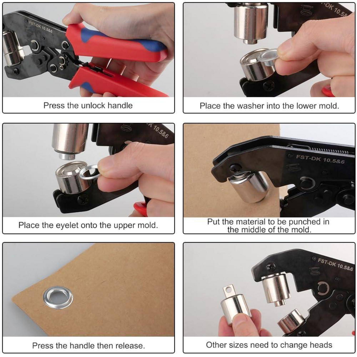 Ösenzange Set mit 500 Rostfreien Ösen (250pcs Ø 6mm &amp; 250pcs Ø 10mm) Magnetische Ösenpresse, Ratsche Ösenstanze mit Wechselbarem Stanzkopf, Öse