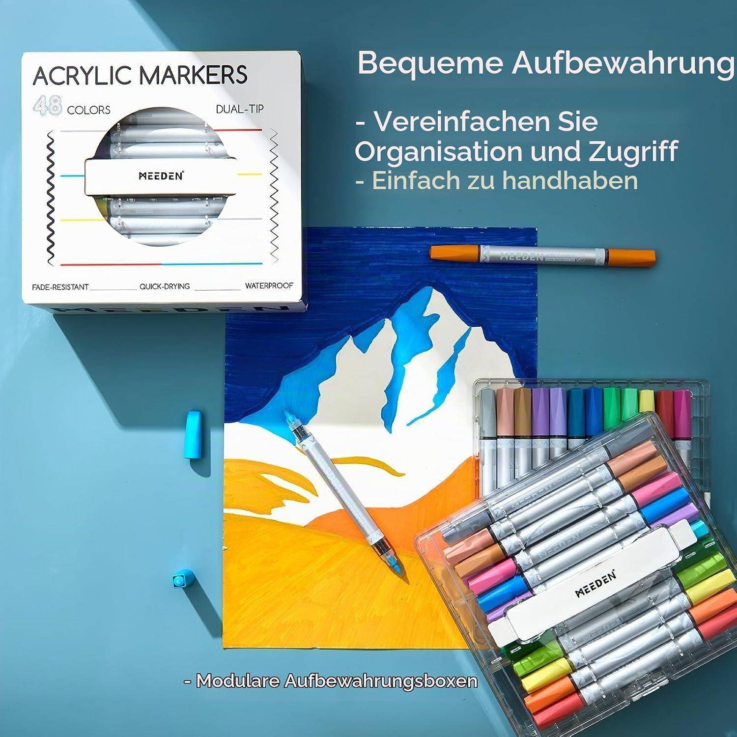 Acrylmarker-Aufbewahrungsbox mit 48 Farben und Dual-Tip-Stiften, dargestellt mit organisierten Markerkoffern und deutschem Text, der einfachere Organisation und Zugang bewirbt.