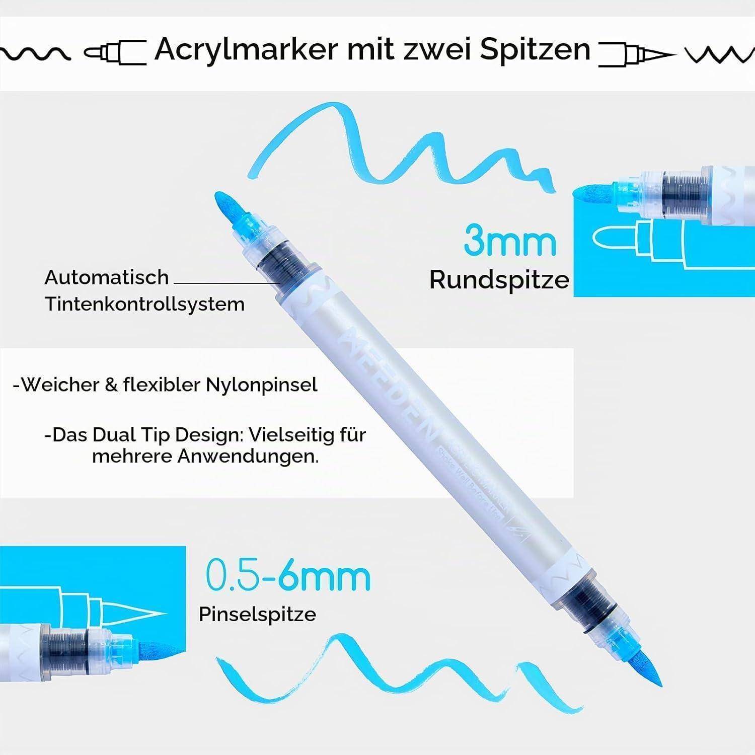Deutsches Werbegrafik für einen zweiseitigen Acrylmarker mit 3 mm Rundspitze und 0,5–6 mm Pinselspitze mit automatischer Tintenkontrolle und flexiblem Nylonpinsel.