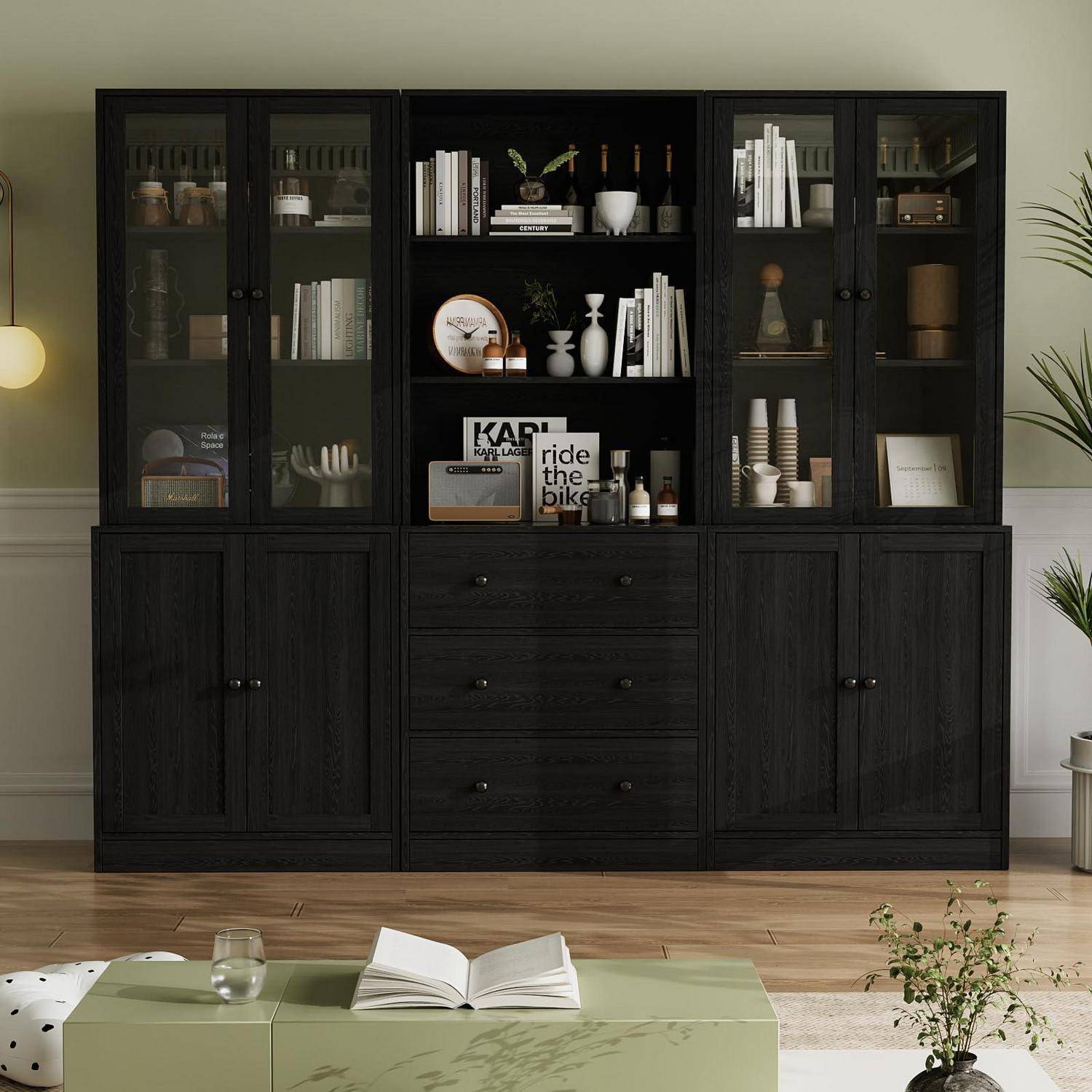VOWNER 5-stöckiges Bücherregal mit Glastüren, 180 cm Vitrinenschrank, Küchenschränke, Küchenschrank Hochschrank, Buffetschrank für Küche, Wohn