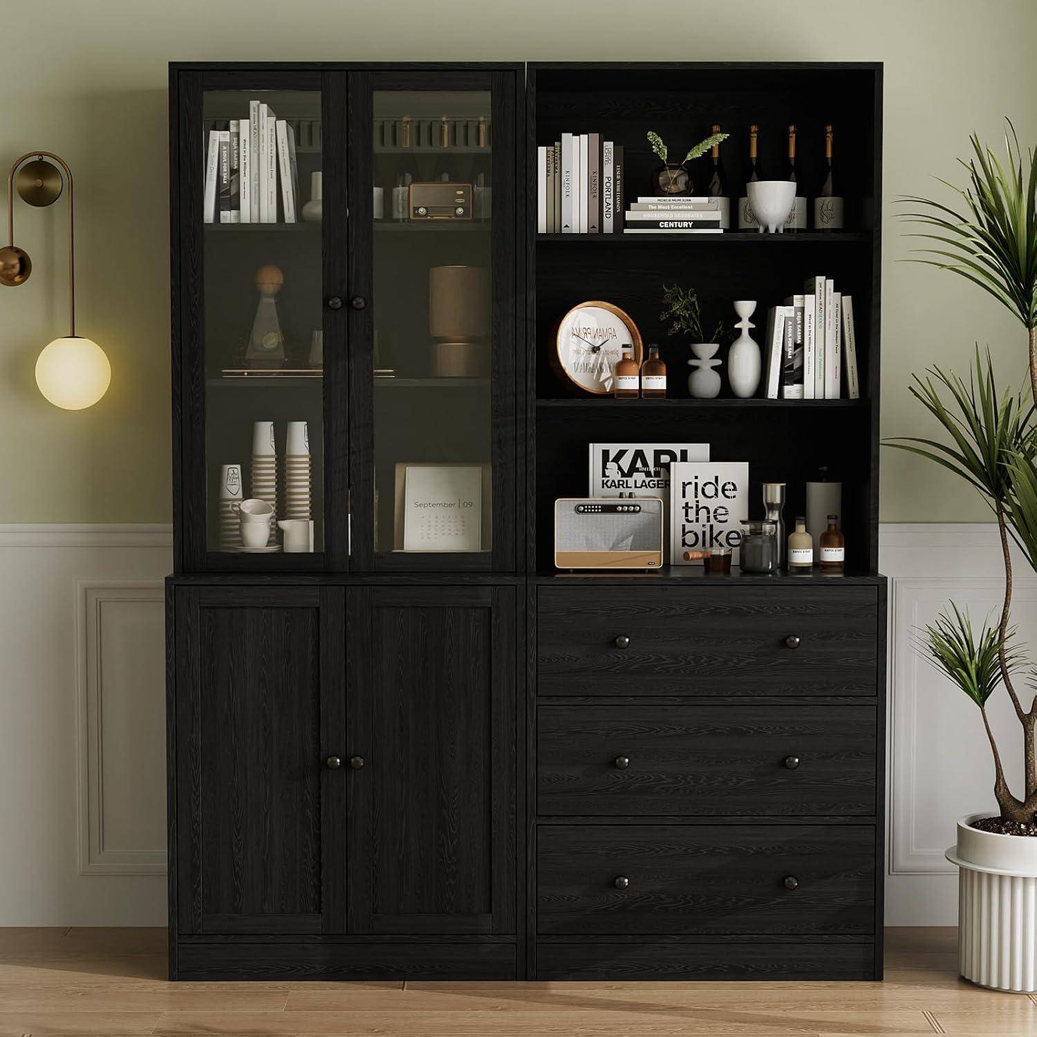 VOWNER 5-stöckiges Bücherregal mit Glastüren, 180 cm Vitrinenschrank, Küchenschränke, Küchenschrank Hochschrank, Buffetschrank für Küche, Wohn