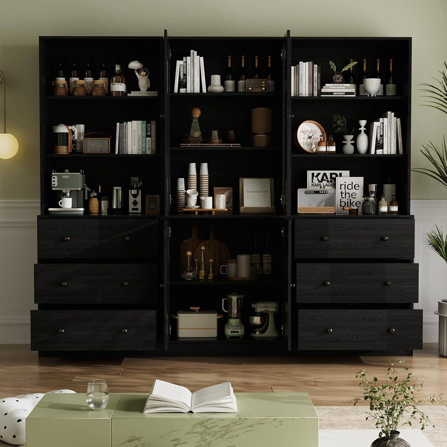 VOWNER 5-stöckiges Bücherregal mit Glastüren, 180 cm Vitrinenschrank, Küchenschränke, Küchenschrank Hochschrank, Buffetschrank für Küche, Wohn