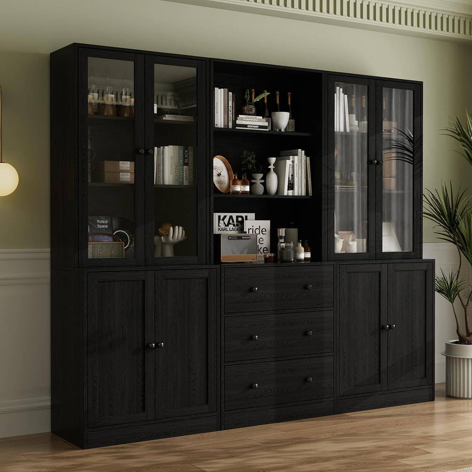 VOWNER 5-stöckiges Bücherregal mit Glastüren, 180 cm Vitrinenschrank, Küchenschränke, Küchenschrank Hochschrank, Buffetschrank für Küche, Wohn