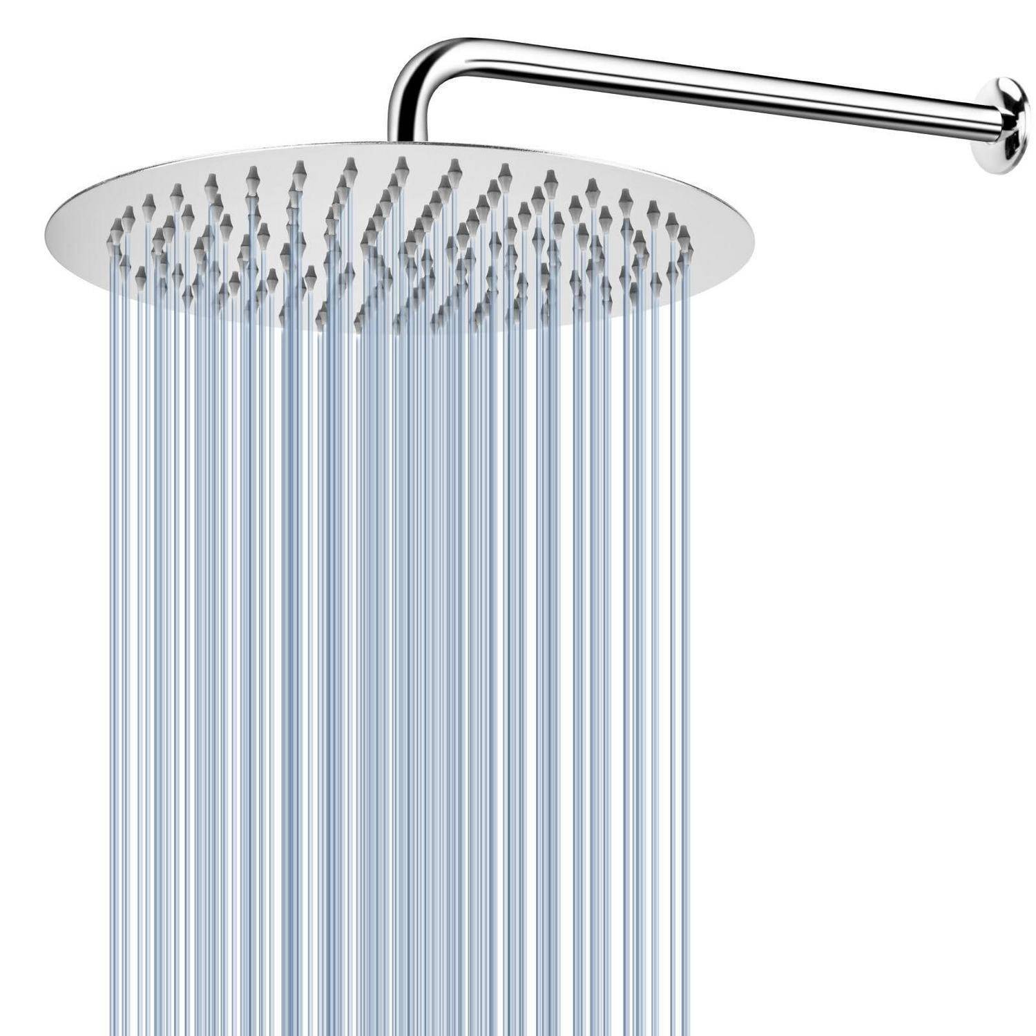 Chromeschauer-Duschkopf mit Wasser, das aus vielen Düsen in einer kreisförmigen Oberflächenarmatur strömt.
