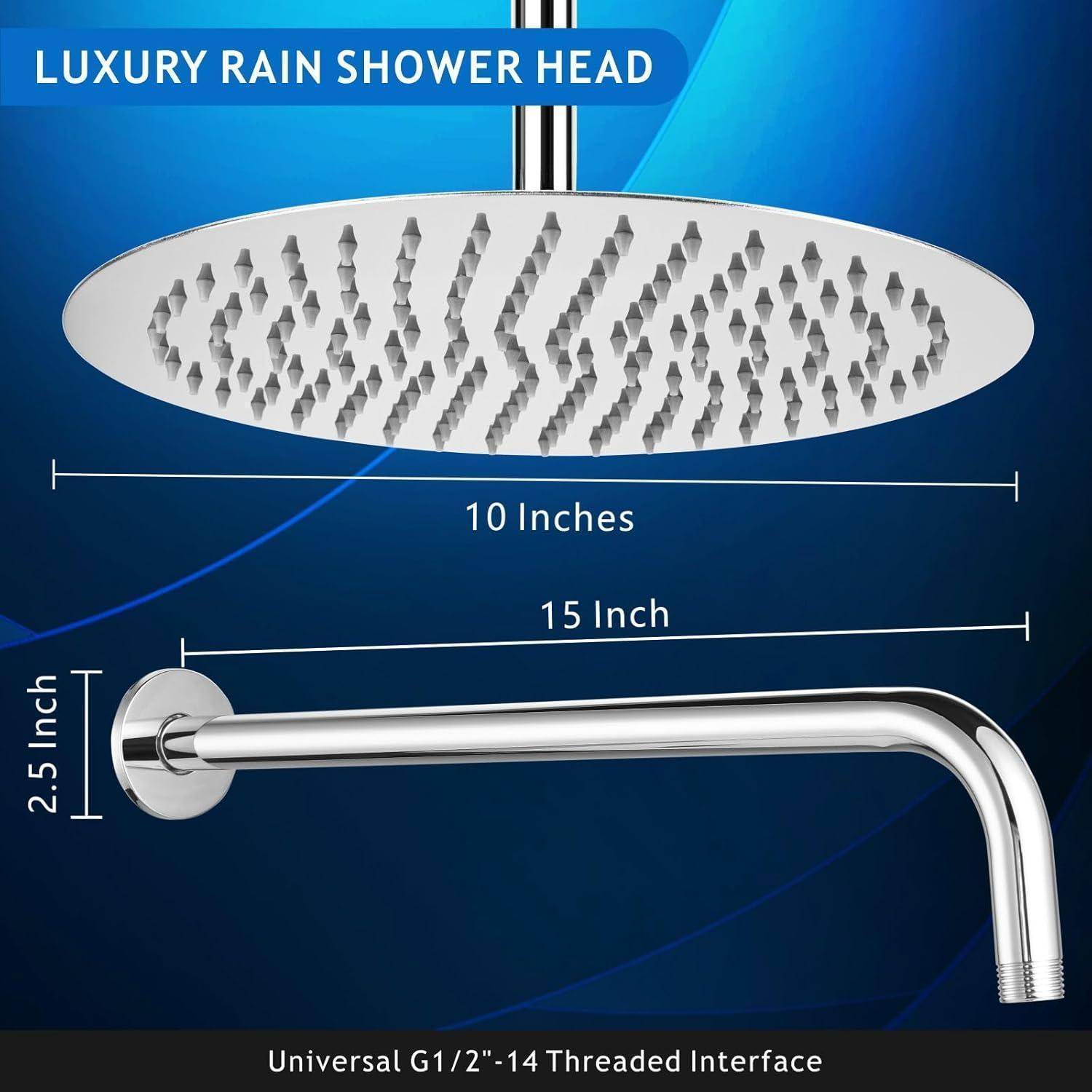 Luxus-Regenduschkopf mit rundem 10-Zoll-Gesicht und 15-Zoll-Wandarmatur, mit 2,5-Zoll-Befestigung und universeller G1/2-Gewindeverbindung.