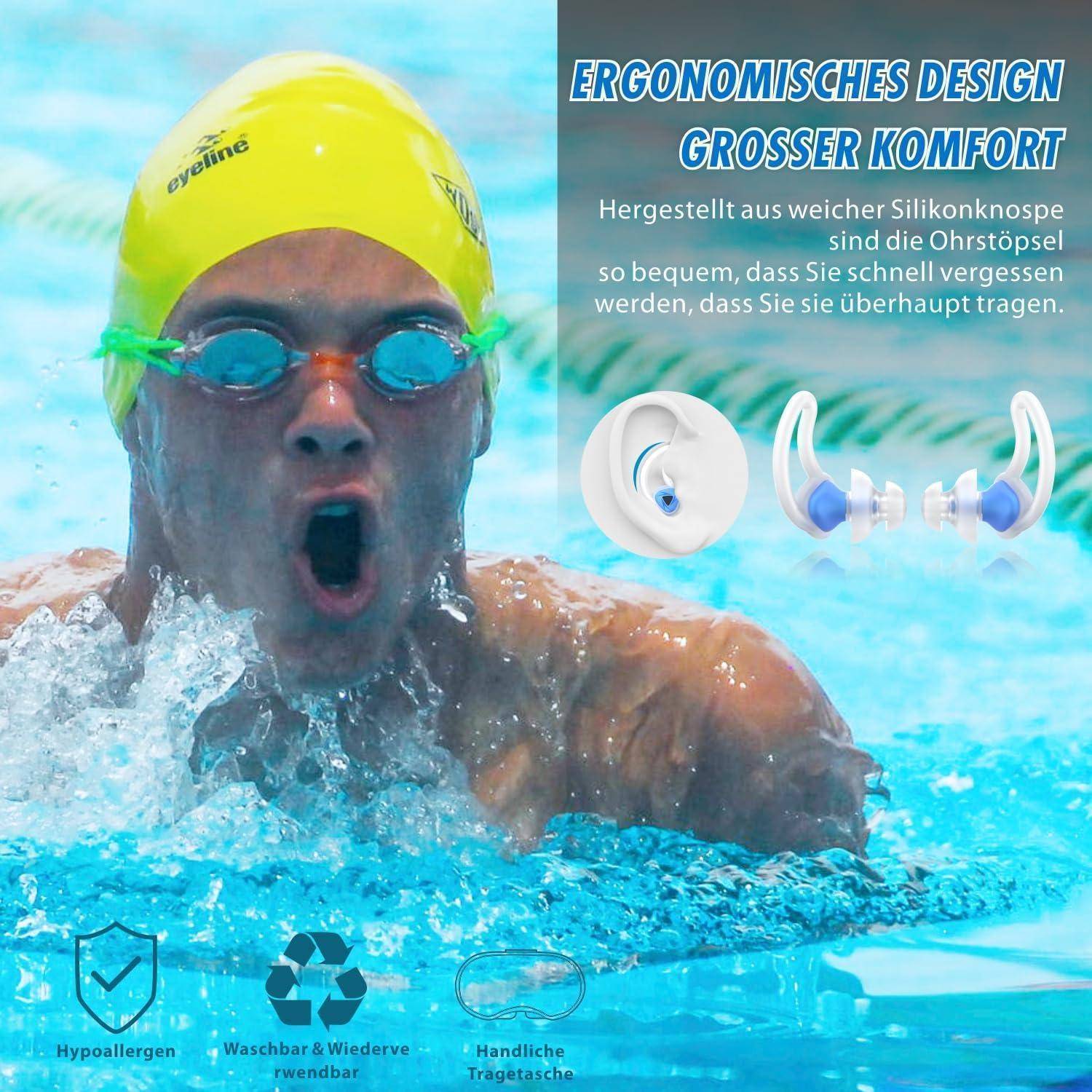 Schwimmer mit gelbem Badekappe und Schwimmbrille mit deutschem Werbetextzur Förderung ergonomischer, komfortabler Silikon-Ohrstöpsel; Symbole zeigen hypoallergen, waschbar, wiederverwendbar und Transporttasche.