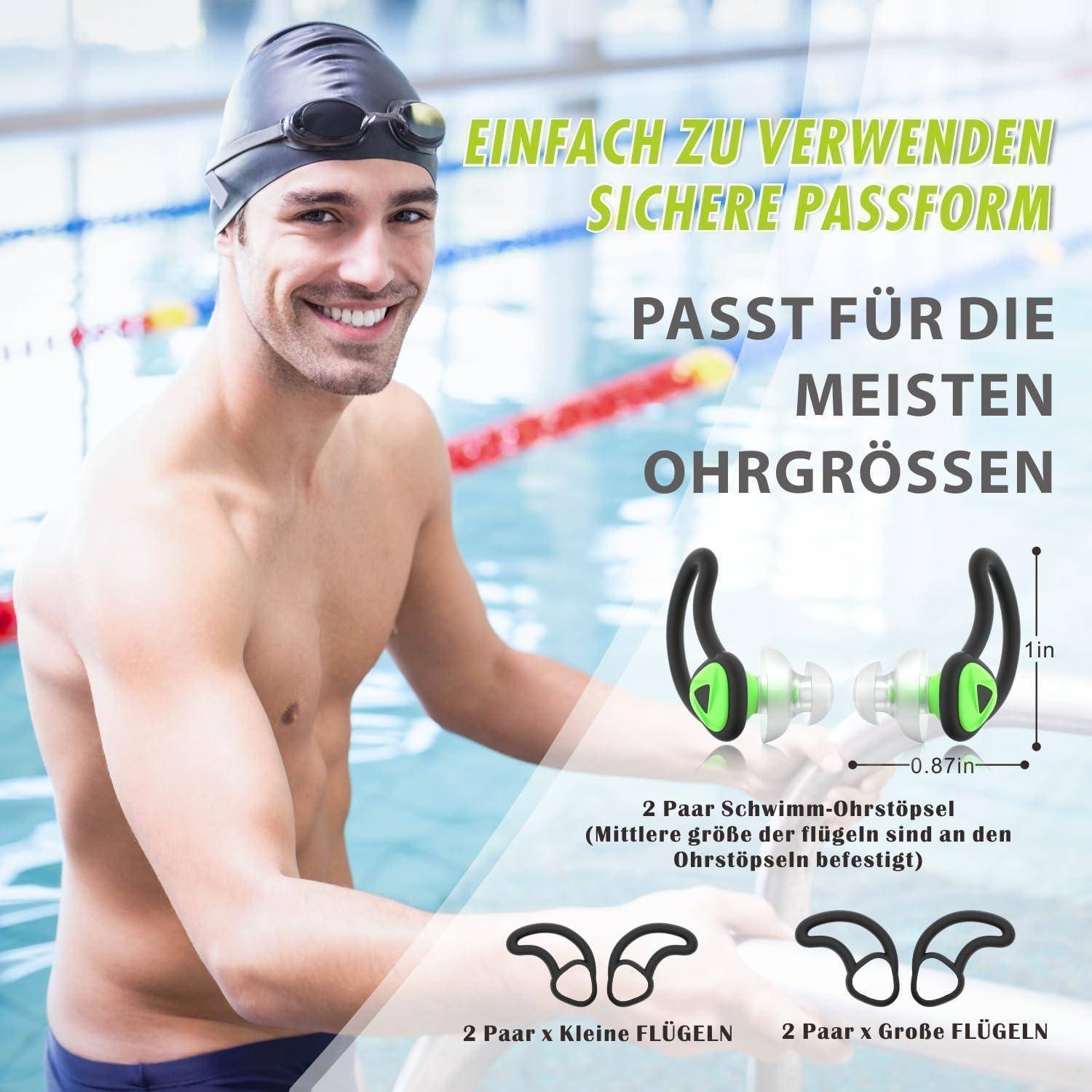 Lächelnder Schwimmer im Pool bewirbt sichere Ohrstöpsel; deutscher Text sagt „einfach zu bedienen