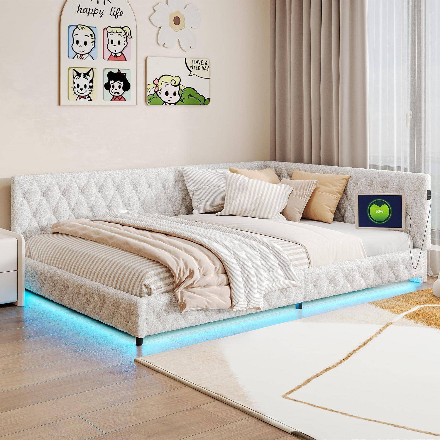 Schlafsofa für Doppelbett, 2-Sitzer, Gästebett Doppelsofa Multifunktionales Sofa, Betten mit LED-Lichtern, Betten mit Sofas,ohne Matratze (Beige +