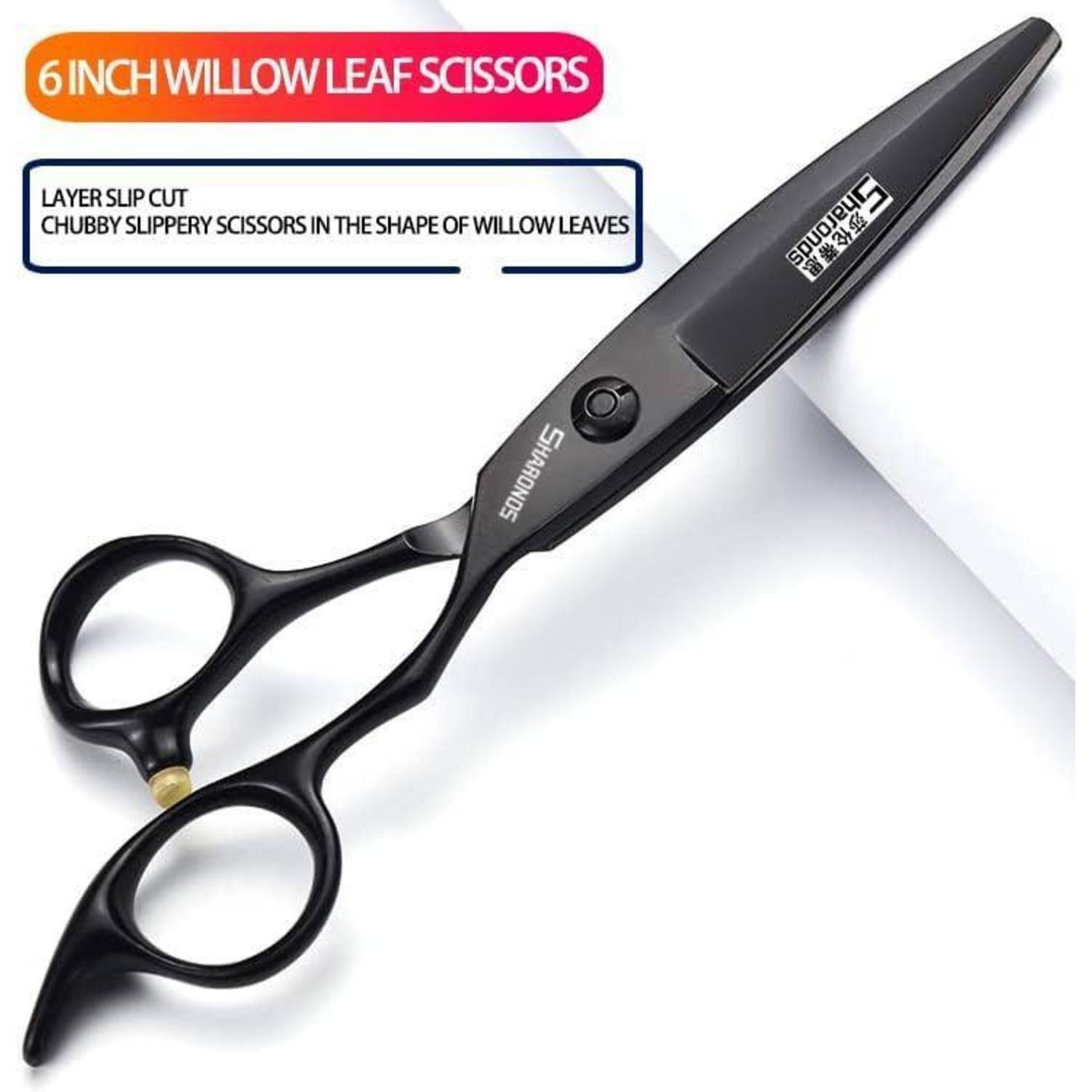 Schwarze 6-Zoll-Weidenblattkissern mit ergonomischen Schlaufengriffen, auf weißem Hintergrund dargestellt mit Beschriftungstext „6 INCH WILLOW LEAF SCISSORS".
