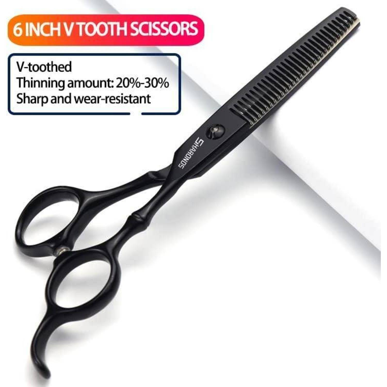 Schwarze 15-cm V-Zahnausdünnschere mit gezahnten Klingen, beschriftet mit "Ausdünnungsanteil: 20%-30%"" und ""Scharf und verschleißfest"".