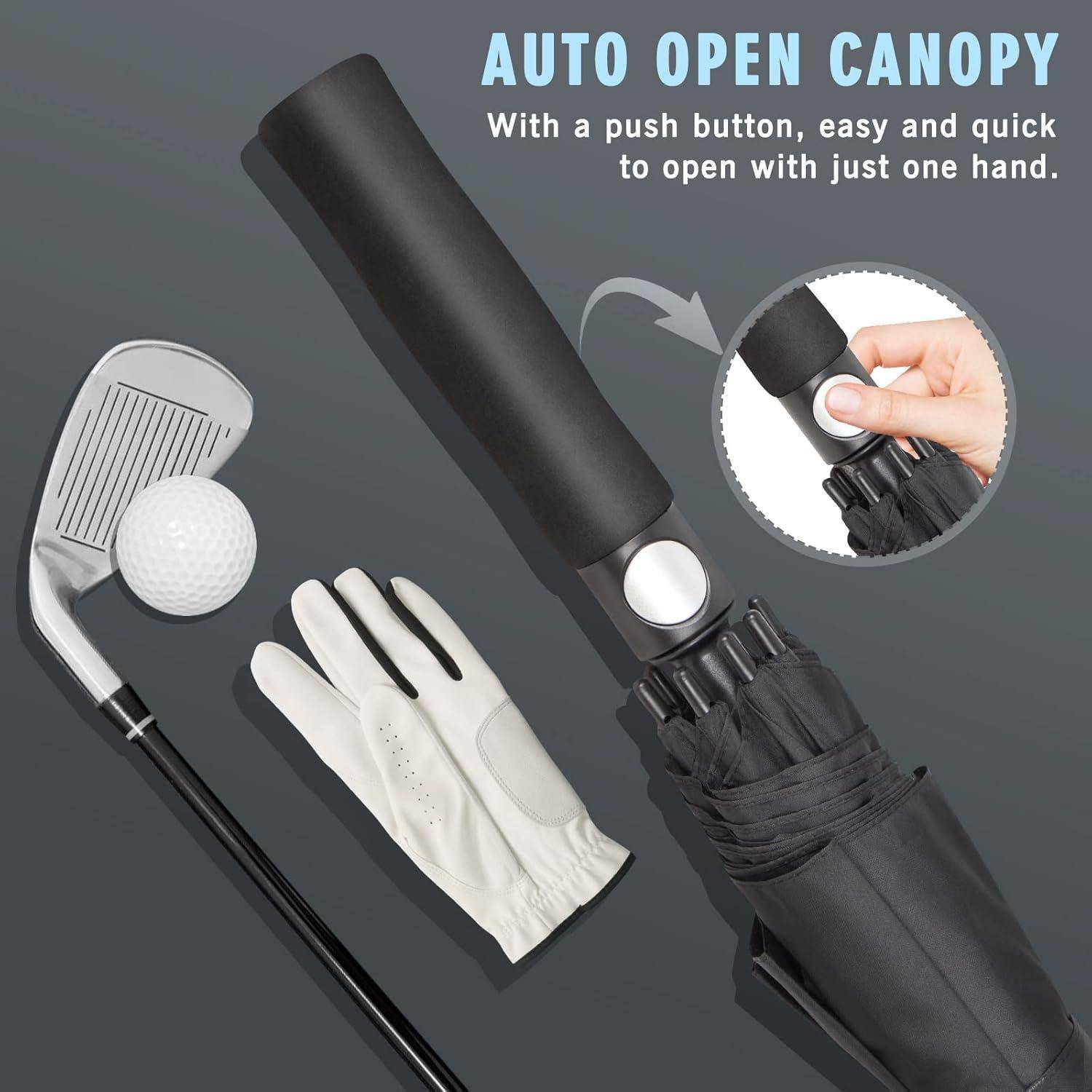 Golfschirm mit Automatik-Öffnungsknopf für das Dach, gezeigt neben einem Golfschläger, Ball und Handschuh auf grauem Hintergrund.