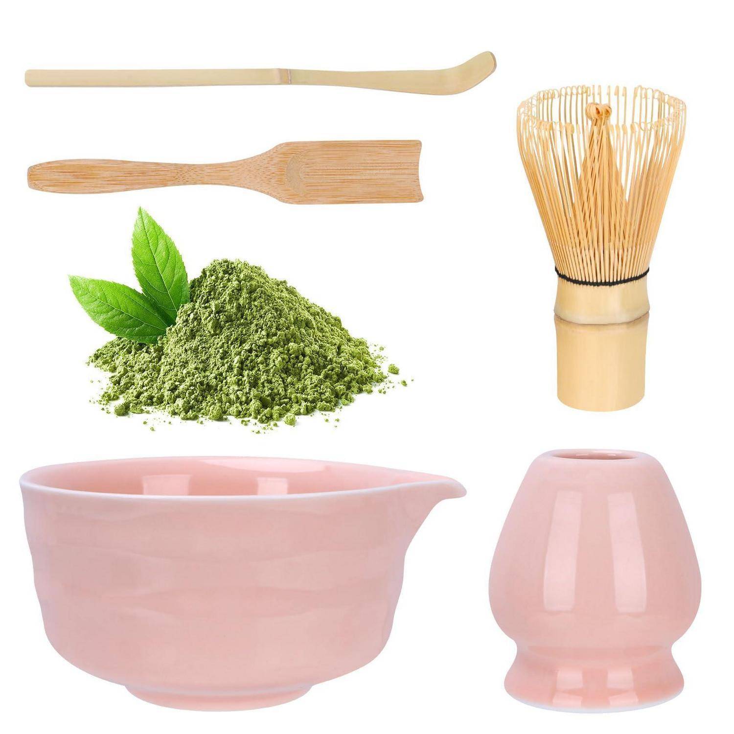 Matcha-Tee-Set mit Bambusbesen, Löffel, Pulver, rosa Schüssel und Besenhälter.