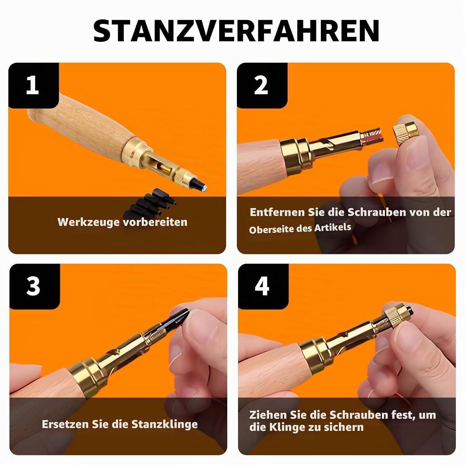 Vierschrittillustrationen mit dem Titel "Stanzverfahren"": Werkzeuge vorbereiten, obere Schraube entfernen, Schneidklinge austauschen, dann Schraube anziehen, um sie zu sichern.