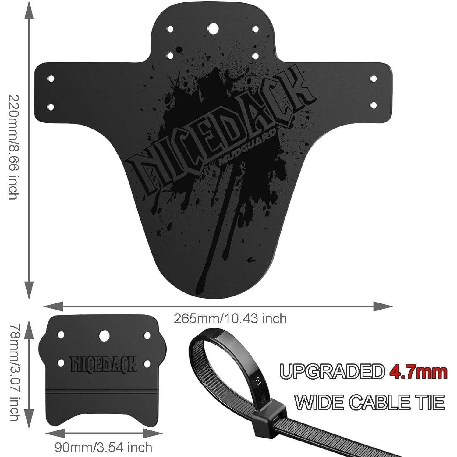 Schwarzer NicedaR Motorrad-Schutzblech und Montageplatte mit Abmessungen und einer verbesserten 4,7 mm breiten Kabelbinder zur Befestigung.
