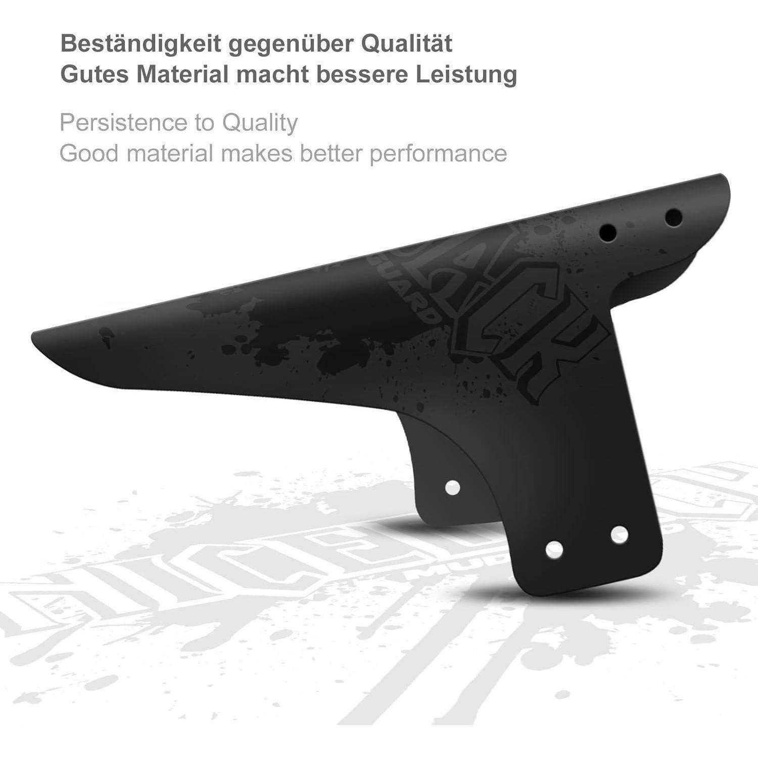 Schwarze flossförmige Schutzkomponente mit deutschem und englischem Slogan: „Beständigkeit für Qualität" und „Gutes Material ermöglicht bessere Leistung"".