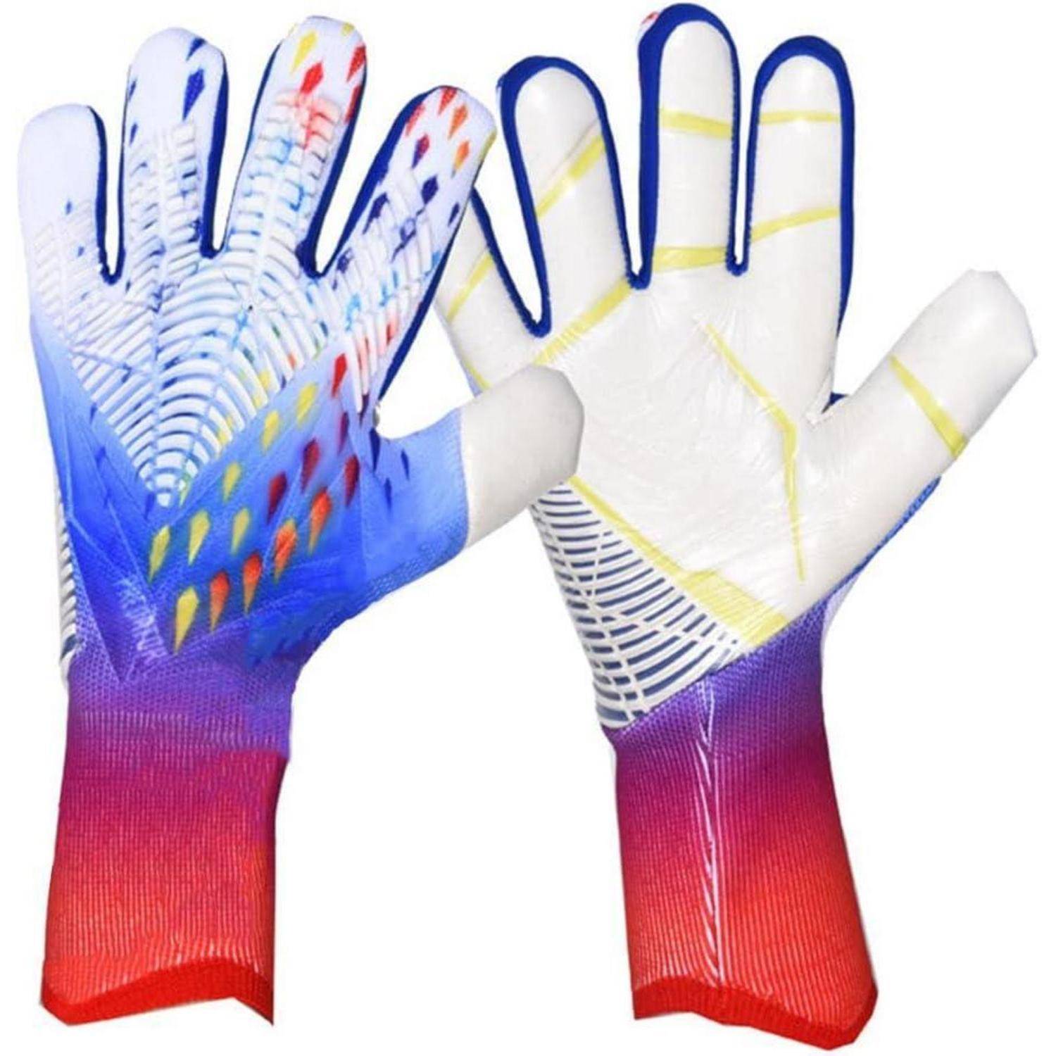 Paar farbenfrohe gestreifte Arbeitshandschuhe von vorne und hinten gezeigt, weiße Handflächen mit blauen und roten Akzenten.