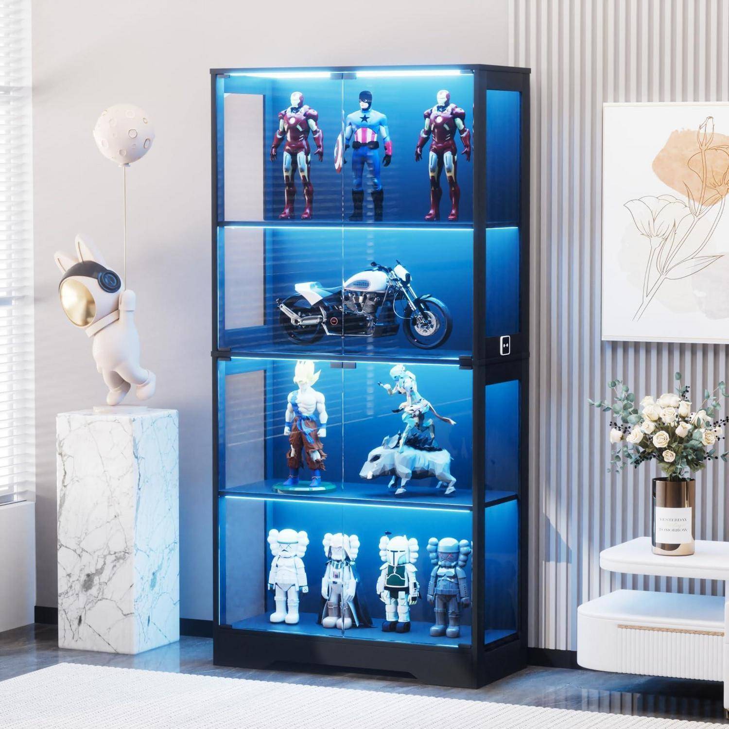 Glasvitrine Standvitrine mit Led,Glasvitrine Stehend mit 4 GlastüRen und Intelligenten Sensoren,Vitrinenschrank,Staubdichte glas vitrinenschrank FüR