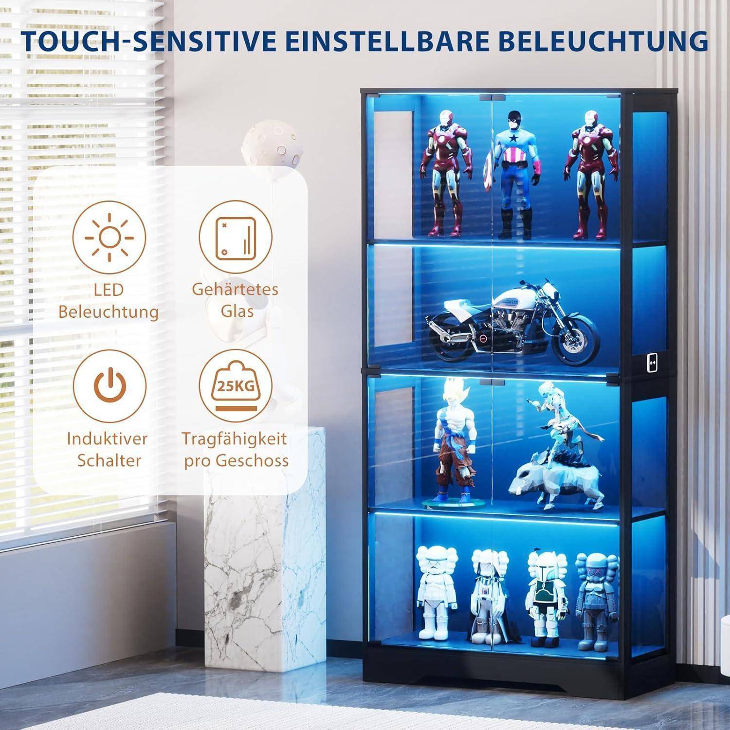 Glasvitrine Standvitrine mit Led,Glasvitrine Stehend mit 4 GlastüRen und Intelligenten Sensoren,Vitrinenschrank,Staubdichte glas vitrinenschrank FüR
