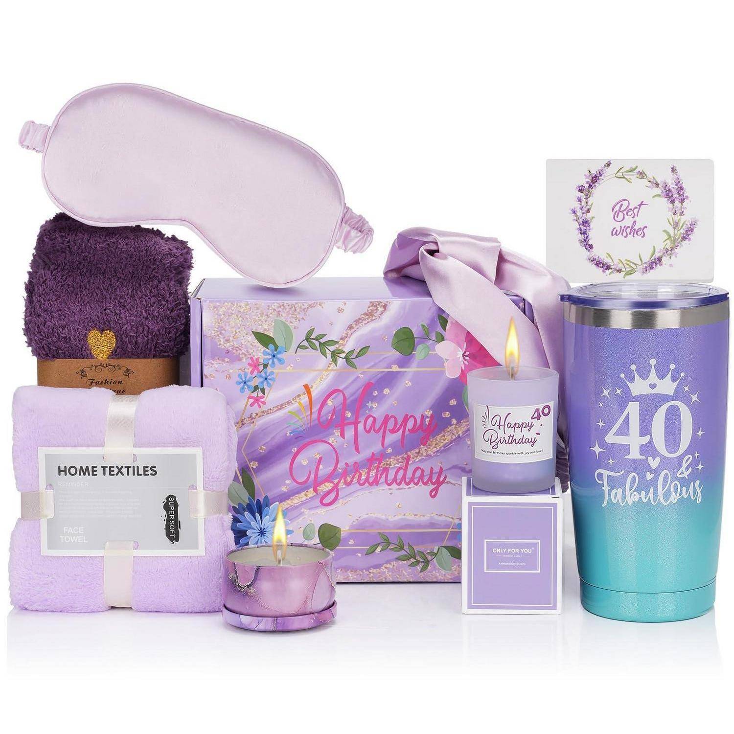 Lila 40. Geburtstag-Geschenkset mit Schlafmaske, Handtuch, Kerze, Becher, Isolierbecher, Decke und „Alles Gute zum Geburtstag