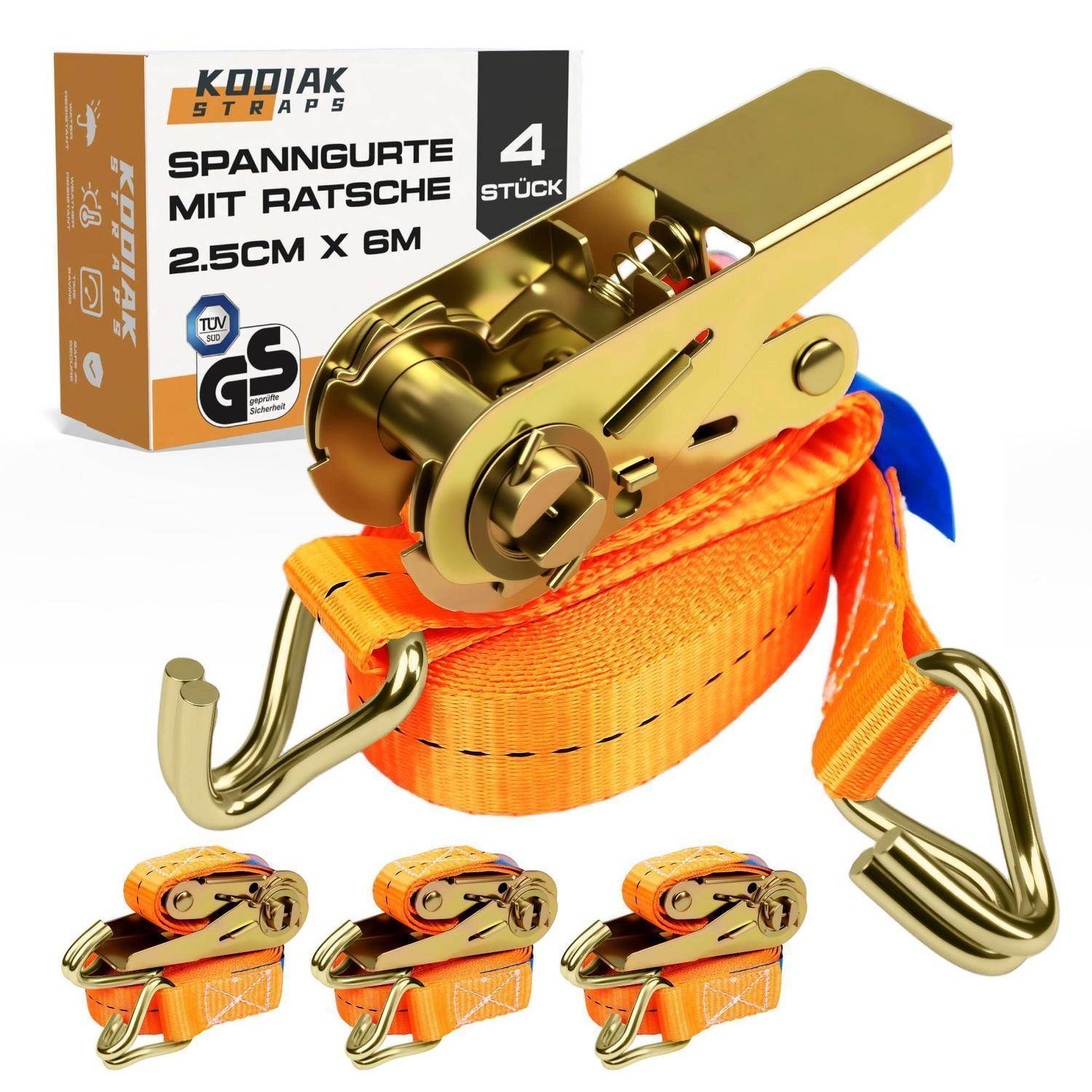 Kodiak Straps Ratschengurt-Set zum Festzurren, 4 Stück, 2,5 cm x 6 m, gezeigt mit goldenem Ratschenschloss und orangefarbenen Gurten in der Verpackung.