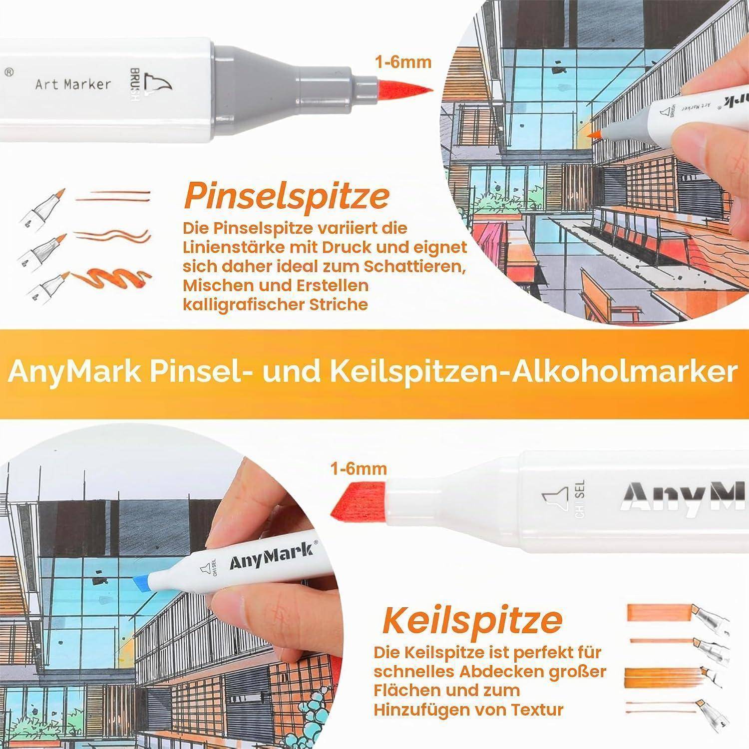 Werbekampagne zum Vergleich von AnyMark Alkoholmarkern mit Pinsel- und Meißelspitzen, die Strichbreiten von 1–6 mm zeigen und Anwendungen zum Schattieren, Füllen und Texturieren darstellen.