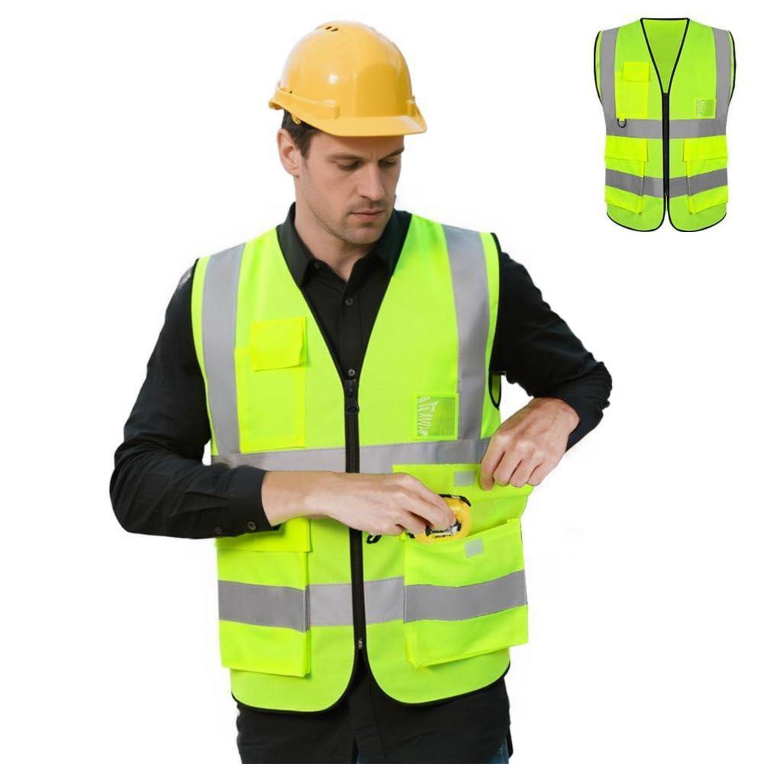 Mann mit gelbem Schutzhelm und reflektierender Sicherheitsweste, der die vordere Tasche der Weste öffnet; die Einblendung zeigt die Weste allein.