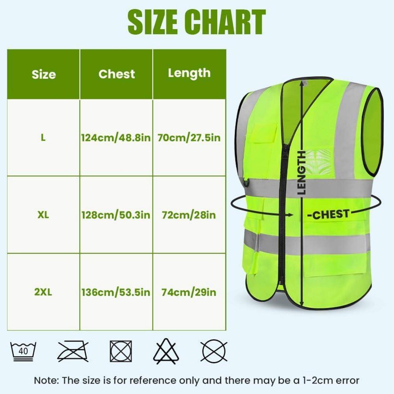 Größentabelle für eine neongelbe Sicherheitsweste: Größen L, XL, 2XL mit Brust- und Längenmessungen in cm/Zoll. Symbole zeigen Pflegeanweisungen; eine Notiz besagt, dass die Größen nur als Referenz dienen und einen Fehler von 1-2 cm aufweisen können.