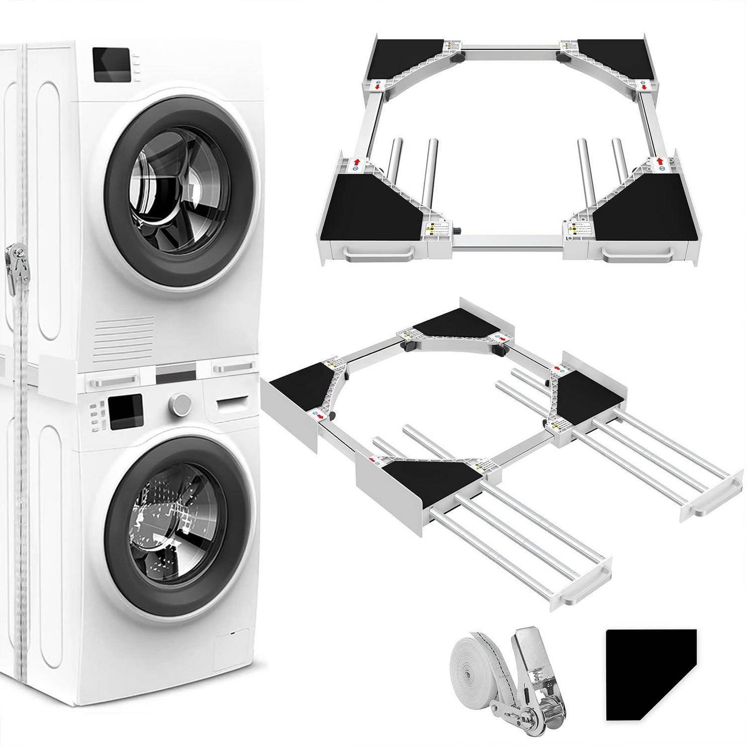 Stapelbare weiße Waschmaschine und Trockner mit ausklappbarem Gestell und Rollen, dargestellt als Produktdiagramm.