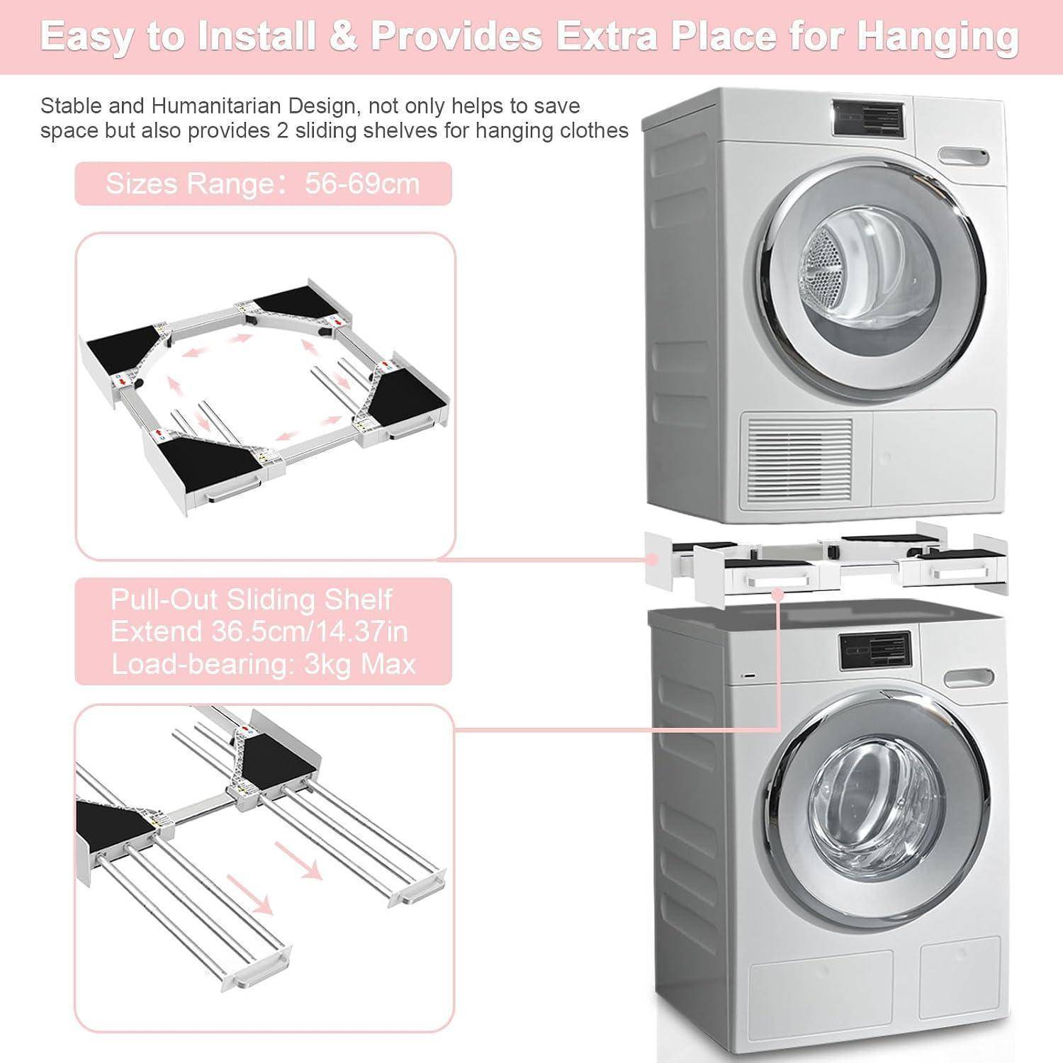 Diagramm eines verstellbaren ausziehbaren Rollregals für eine Waschmaschine/einen Trockner, Größenbereich 56-69 cm, Ausfahrlänge 36,5 cm, trägt bis zu 3 kg, für zusätzlichen Hängeplatz.