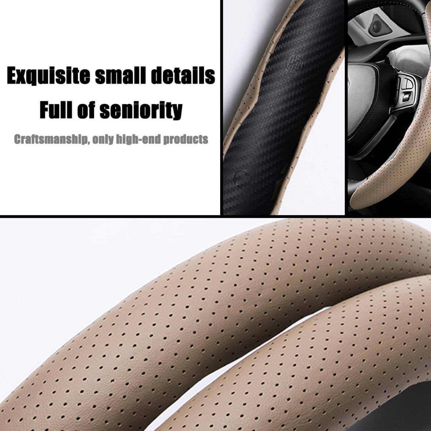 Werbebild einer beigen perforierten Lederlenkradabdeckung mit Nahaufnahme und Text: „Exquisite kleine Details Voller Seniorität Handwerkskunst, nur Produkte der höchsten Qualität"
