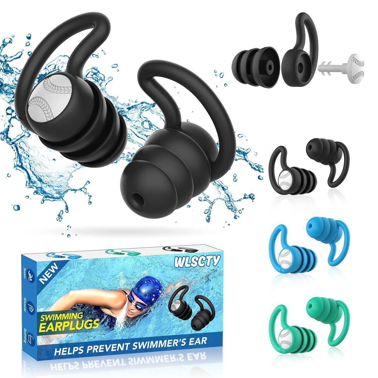 Produktbild von Schwimm-Ohrstöpseln in Schwarz, Blau und Grün, das das Ohr-Haken-Design und die Verpackung mit der Bezeichnung „SWIMMING EARPLUGS