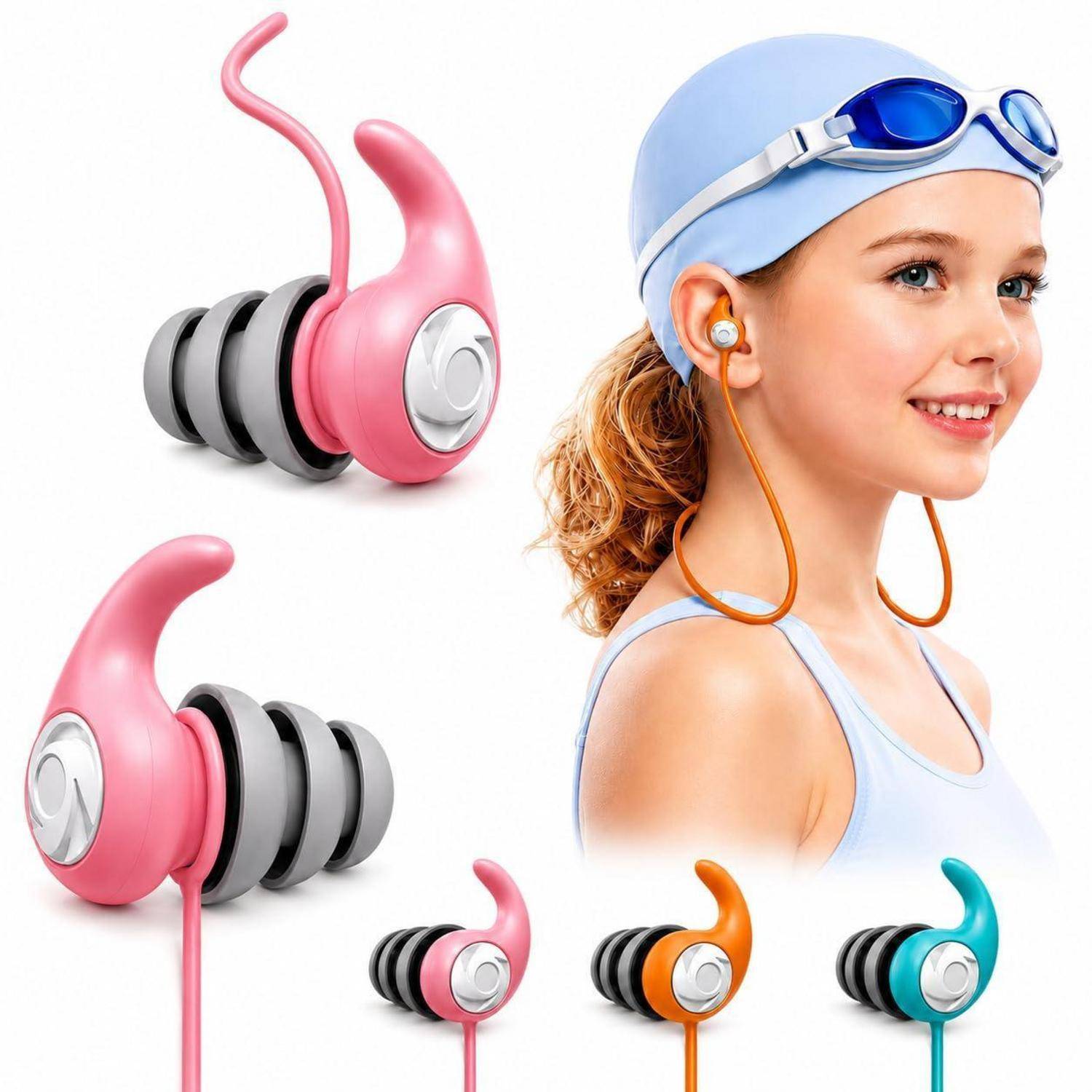 Mädchen mit Badekappe, Schwimmbrille und Ohrhörern neben mehreren bunten Ohrhörer-Illustrationen auf weißem Hintergrund.
